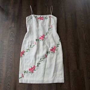 Vintage Donna Morgan Linen Embroidered Floral Sheath Dress Ivory Pink Size 6